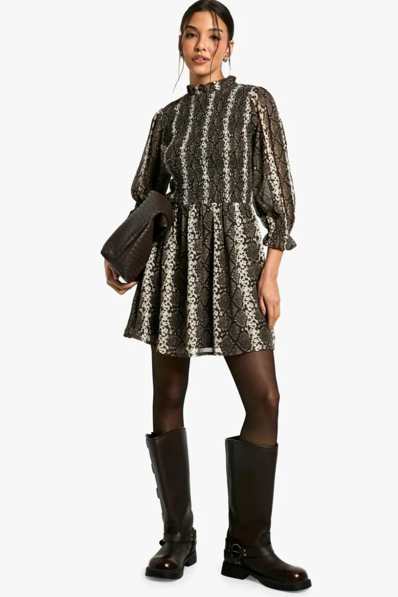 Smock Dresses|Mini Dresses*boohoo Snake Shirred Smock Dress brown