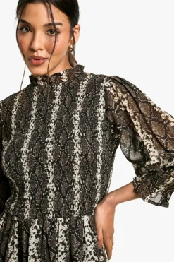 Smock Dresses|Mini Dresses*boohoo Snake Shirred Smock Dress brown