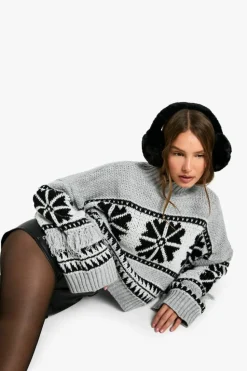 Oversized Jumpers*boohoo Snowflake High Neck Tassle Detail Oversized Jumper light grey