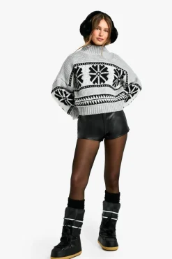 Oversized Jumpers*boohoo Snowflake High Neck Tassle Detail Oversized Jumper light grey