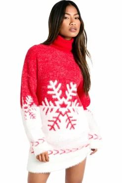 Jumper Dresses|Jumper Dresses*boohoo Snowflake Knitted Christmas Jumper Dress red