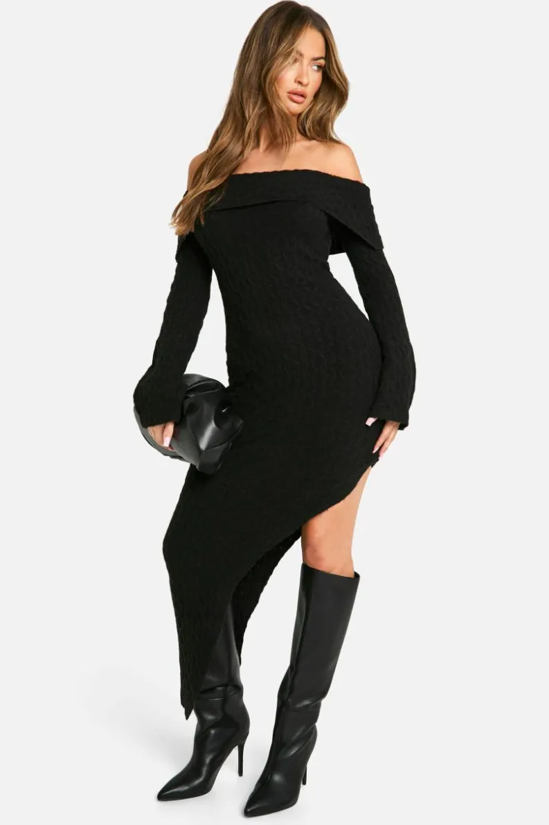 Maxi Dresses|Jumper Dresses*boohoo Soft Cable Asymmetric Hem Bardot Maxi Dress black