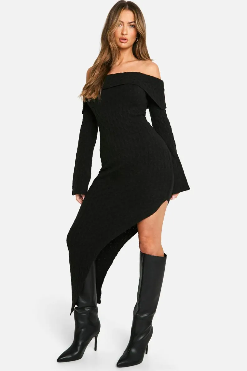 Maxi Dresses|Jumper Dresses*boohoo Soft Cable Asymmetric Hem Bardot Maxi Dress black