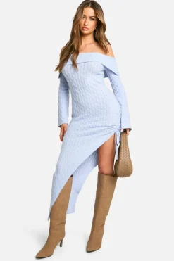 Jumper Dresses|Jumper Dresses*boohoo Soft Cable Asymmetric Hem Bardot Maxi Dress ice blue