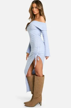 Jumper Dresses|Jumper Dresses*boohoo Soft Cable Asymmetric Hem Bardot Maxi Dress ice blue