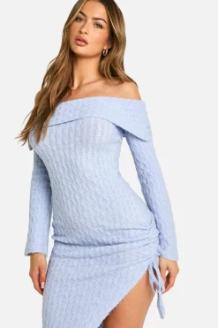Jumper Dresses|Jumper Dresses*boohoo Soft Cable Asymmetric Hem Bardot Maxi Dress ice blue