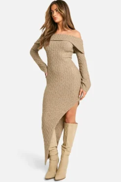 Maxi Dresses|Jumper Dresses*boohoo Soft Cable Asymmetric Hem Bardot Maxi Dress mocha