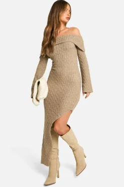 Maxi Dresses|Jumper Dresses*boohoo Soft Cable Asymmetric Hem Bardot Maxi Dress mocha