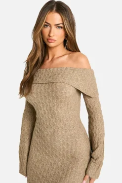 Maxi Dresses|Jumper Dresses*boohoo Soft Cable Asymmetric Hem Bardot Maxi Dress mocha