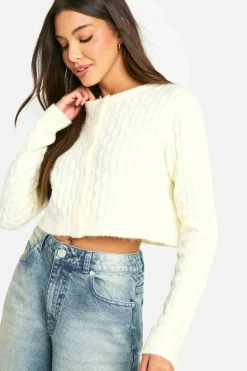 Cardigans|Jumpers & Cardigans*boohoo Soft Cable Knit Crop Cardigan cream