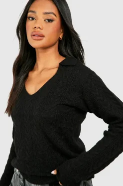 Oversized Jumpers*boohoo Soft Cable Knit Polo Collar Jumper black