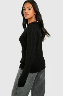 Oversized Jumpers*boohoo Soft Cable Knit Polo Collar Jumper black