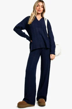 Knitted Co-Ords*boohoo Soft Cable Knit Polo Collar Jumper And Wide Leg Trouser Co-ord navy