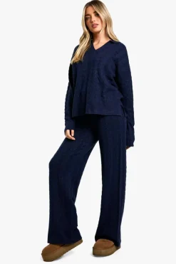 Knitted Co-Ords*boohoo Soft Cable Knit Polo Collar Jumper And Wide Leg Trouser Co-ord navy