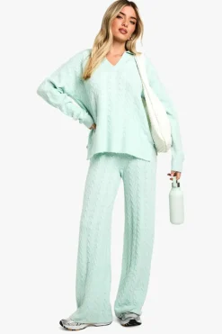 Knitted Co-Ords|Knitwear*boohoo Soft Cable Knit Polo Collar Jumper And Wide Leg Trouser Co-ord mint