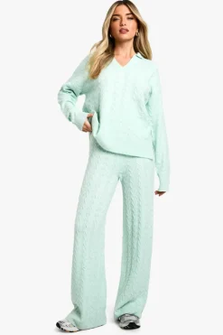 Knitted Co-Ords|Knitwear*boohoo Soft Cable Knit Polo Collar Jumper And Wide Leg Trouser Co-ord mint
