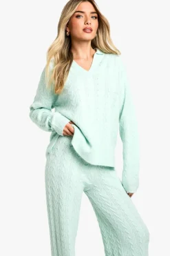 Knitted Co-Ords|Knitwear*boohoo Soft Cable Knit Polo Collar Jumper And Wide Leg Trouser Co-ord mint