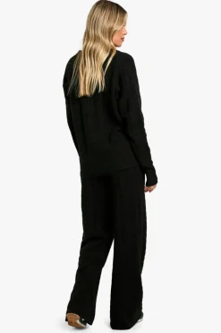 Knitted Co-Ords|Knitwear*boohoo Soft Cable Knit Polo Collar Jumper And Wide Leg Trouser Co-ord black