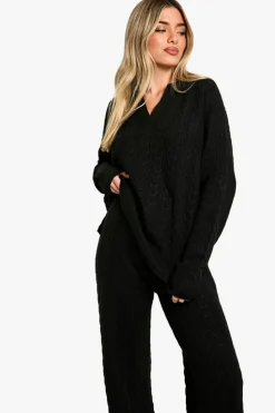 Knitted Co-Ords|Knitwear*boohoo Soft Cable Knit Polo Collar Jumper And Wide Leg Trouser Co-ord black