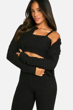 Knitted Co-Ords|Up To 80% Off Winter Warmers*boohoo Soft Cable Knitted Cardigan, Crop Top And Flare Leg Trouser 3 Piece Set black