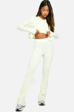 Knitted Co-Ords|Up To 80% Off Winter Warmers*boohoo Soft Cable Knitted Cardigan, Crop Top And Flare Leg Trouser 3 Piece Set cream