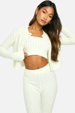 Knitted Co-Ords|Up To 80% Off Winter Warmers*boohoo Soft Cable Knitted Cardigan, Crop Top And Flare Leg Trouser 3 Piece Set cream