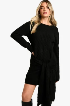 Jumper Dresses|Jumper Dresses*boohoo Soft Cable Oversized Tie Detail Knitted Mini Dress black