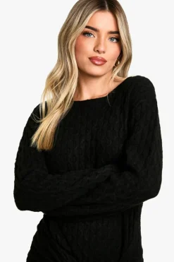 Jumper Dresses|Jumper Dresses*boohoo Soft Cable Oversized Tie Detail Knitted Mini Dress black
