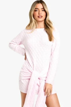 Mini Dresses|Jumper Dresses*boohoo Soft Cable Oversized Tie Detail Knitted Mini Dress pink