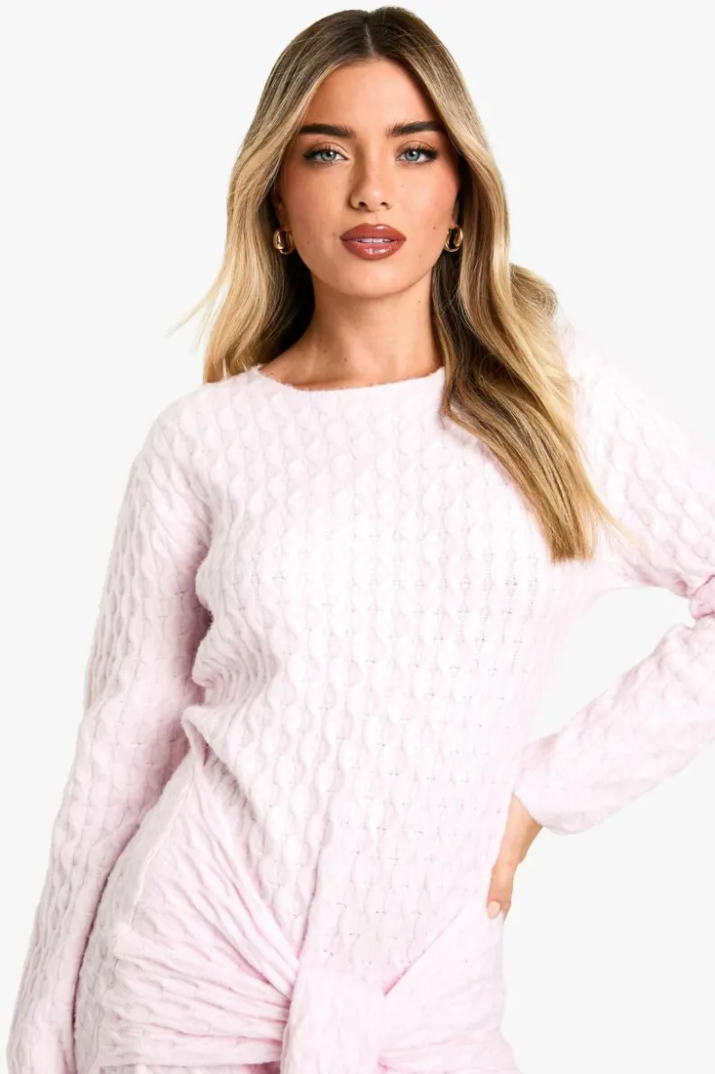 Mini Dresses|Jumper Dresses*boohoo Soft Cable Oversized Tie Detail Knitted Mini Dress pink