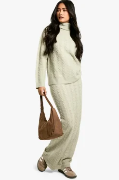 Knitted Co-Ords|Skirts*boohoo Soft Cable Roll Neck Jumper And Maxi Skirt Co-ord stone