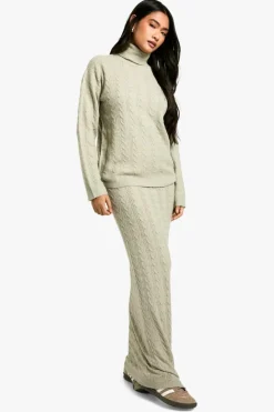 Knitted Co-Ords|Skirts*boohoo Soft Cable Roll Neck Jumper And Maxi Skirt Co-ord stone