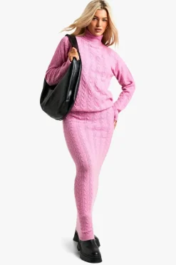 Knitted Co-Ords|Up To 80% Off Winter Warmers*boohoo Soft Cable Roll Neck Jumper And Maxi Skirt Co-ord pink