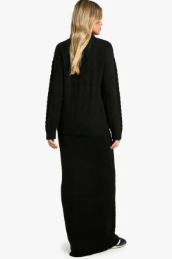 Knitted Co-Ords|Bottoms*boohoo Soft Cable Roll Neck Jumper And Maxi Skirt Co-ord black