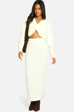 Knitted Co-Ords|Jumpers*boohoo Soft Cable Twist Front Crop Jumper And Maxi Skirt Set butter