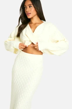 Knitted Co-Ords|Jumpers*boohoo Soft Cable Twist Front Crop Jumper And Maxi Skirt Set butter