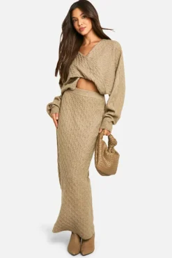 Knitted Co-Ords|Jumpers*boohoo Soft Cable Twist Front Crop Jumper And Maxi Skirt Set mocha