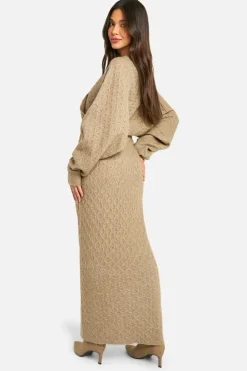 Knitted Co-Ords|Jumpers*boohoo Soft Cable Twist Front Crop Jumper And Maxi Skirt Set mocha