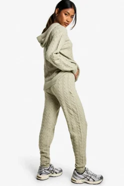 Knitted Co-Ords|Joggers*boohoo Soft Cable Zip Through Hoody Knitted Tracksuit stone