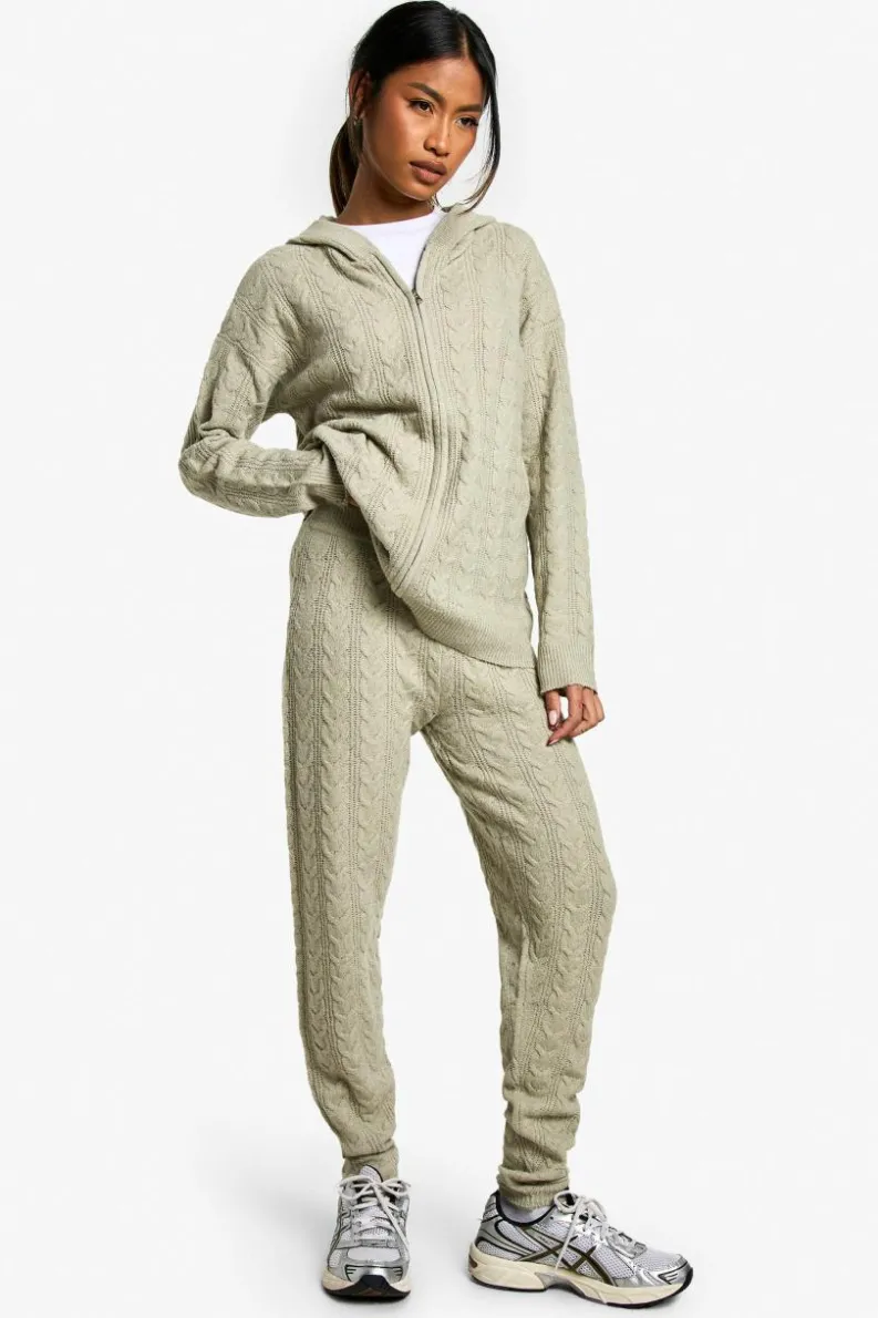 Knitted Co-Ords|Joggers*boohoo Soft Cable Zip Through Hoody Knitted Tracksuit stone