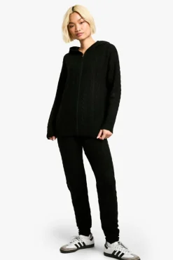 Knitted Co-Ords|Joggers*boohoo Soft Cable Zip Through Hoody Knitted Tracksuit black
