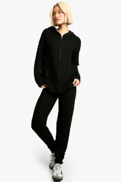 Knitted Co-Ords|Joggers*boohoo Soft Cable Zip Through Hoody Knitted Tracksuit black
