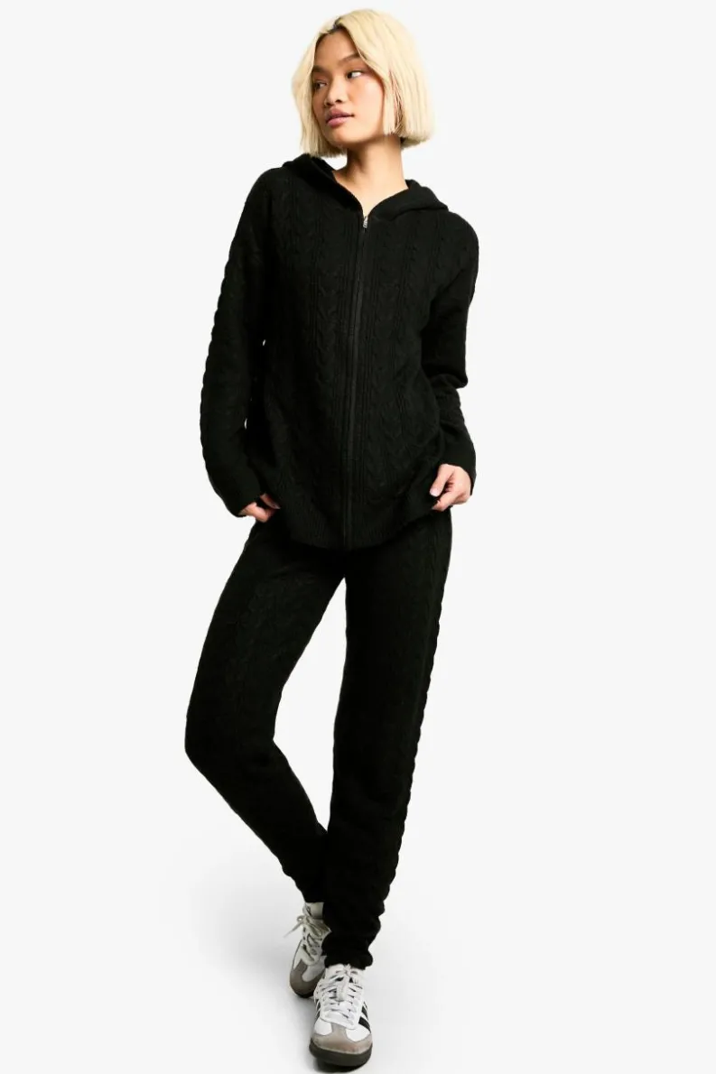 Knitted Co-Ords|Joggers*boohoo Soft Cable Zip Through Hoody Knitted Tracksuit black