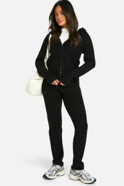 Knitted Co-Ords|Joggers*boohoo Soft Fine Guage Zip Through Hoody Knitted Tracksuit black