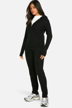 Knitted Co-Ords|Joggers*boohoo Soft Fine Guage Zip Through Hoody Knitted Tracksuit black