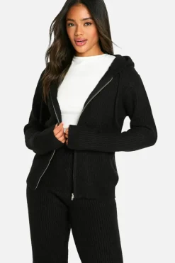 Knitted Co-Ords|Joggers*boohoo Soft Fine Guage Zip Through Hoody Knitted Tracksuit black