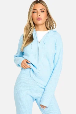 Knitted Co-Ords|Up To 80% Off Winter Warmers*boohoo Soft Fine Guage Zip Through Hoody Knitted Tracksuit sky blue