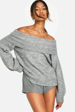 Jumpers|Jumpers & Cardigans*boohoo Soft Knit Bardot Slouchy Jumper grey marl