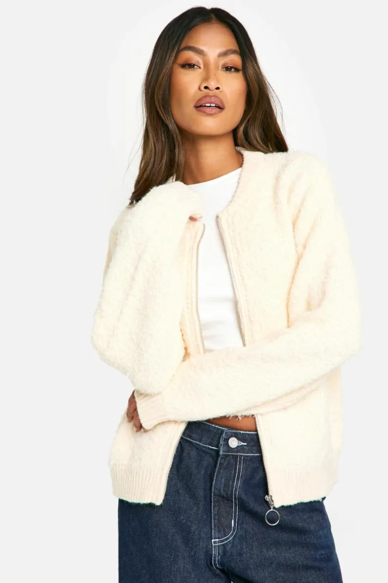 Cardigans*boohoo Soft Knit Boucle Bomber Cardigan ecru