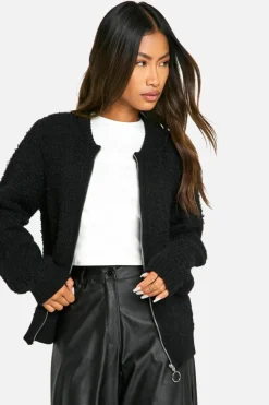 Cardigans|Jumpers & Cardigans*boohoo Soft Knit Boucle Bomber Cardigan black